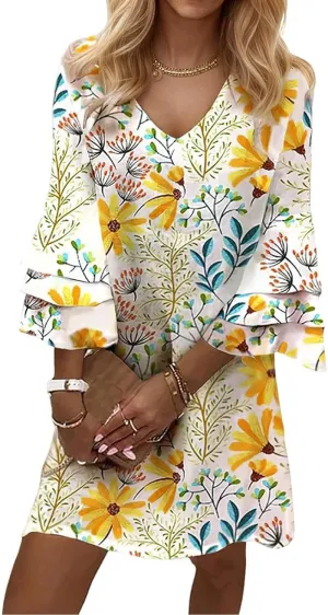 Womens Summer Casual Dresses V Neck 3/4 Sleeve Loose Boho Floral Printed Beach Sundress
