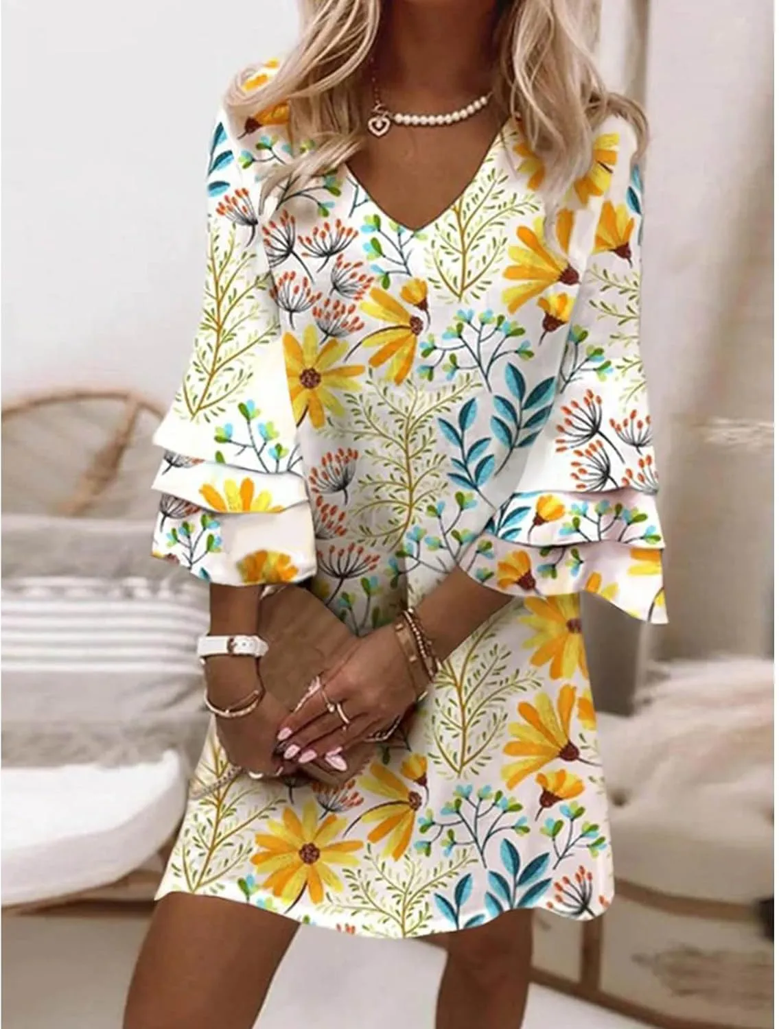 Womens Summer Casual Dresses V Neck 3/4 Sleeve Loose Boho Floral Printed Beach Sundress