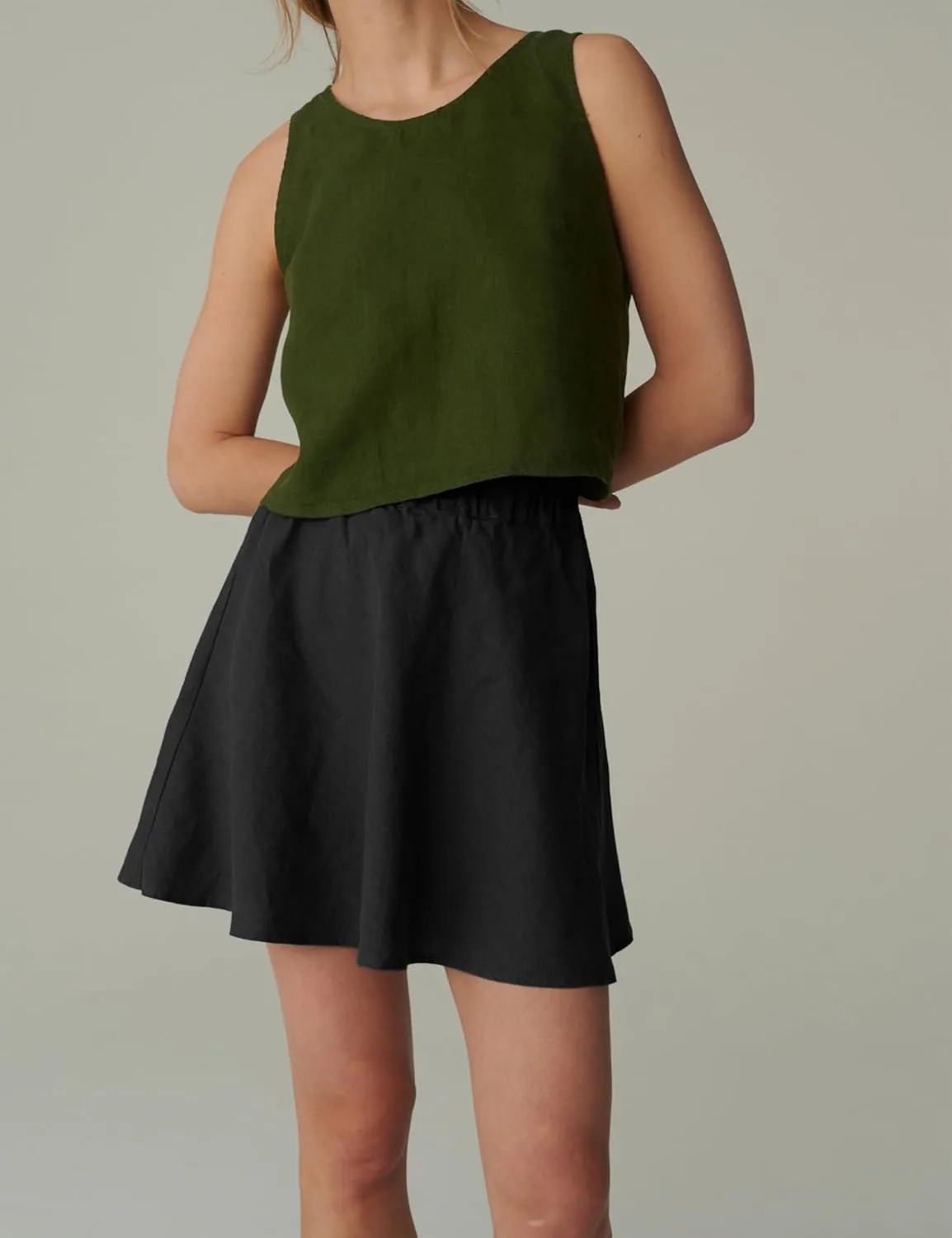 Womens Summer Casual Loose Linen Mini A-Line Skirt with Lining Skort with Pockets