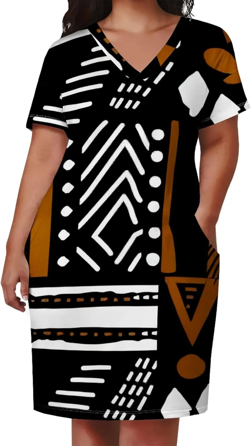 Women's Summer Casual Plus Size Short Sleeve Oversize V Neck Tshirt Loose Midi Dress A line with Pockets Beach Vacation Dress