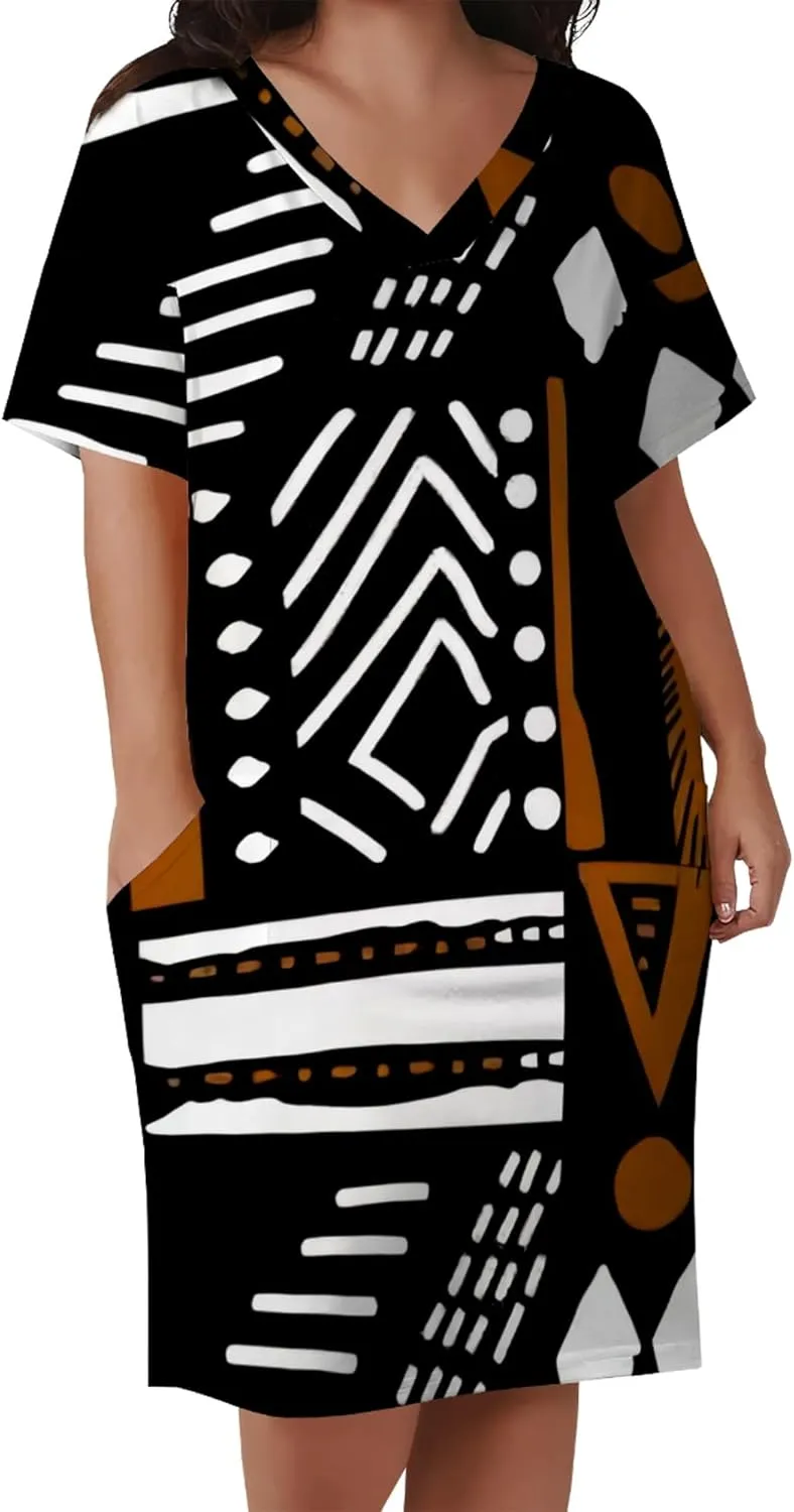 Women's Summer Casual Plus Size Short Sleeve Oversize V Neck Tshirt Loose Midi Dress A line with Pockets Beach Vacation Dress