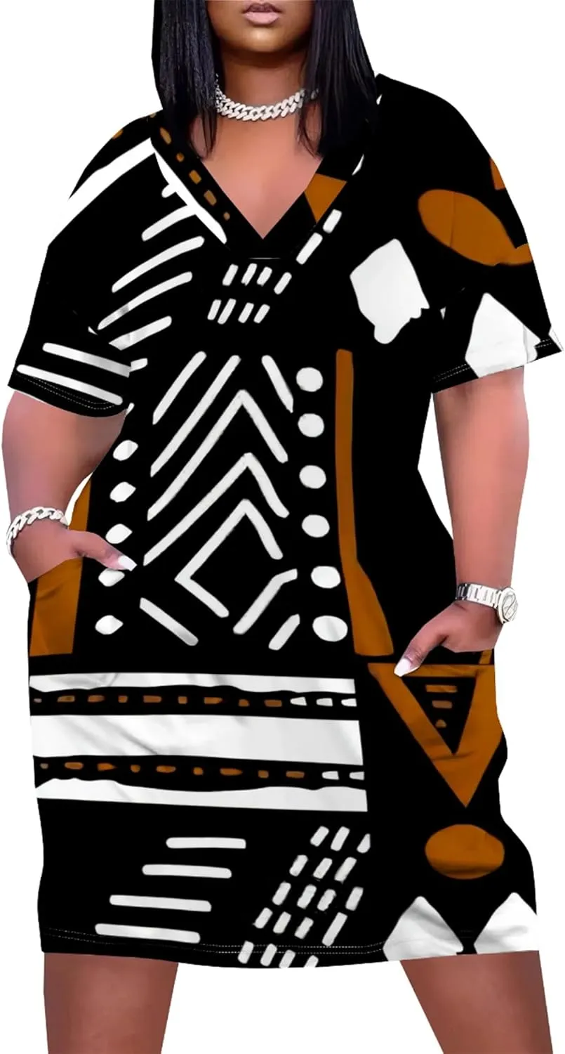 Women's Summer Casual Plus Size Short Sleeve Oversize V Neck Tshirt Loose Midi Dress A line with Pockets Beach Vacation Dress