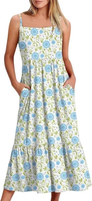 Women's Summer Dress 2025 Boho Midi Dresses Casual Floral Sleeveless Spaghetti Strap Square Neck Ruffle Long Beach Sundresses