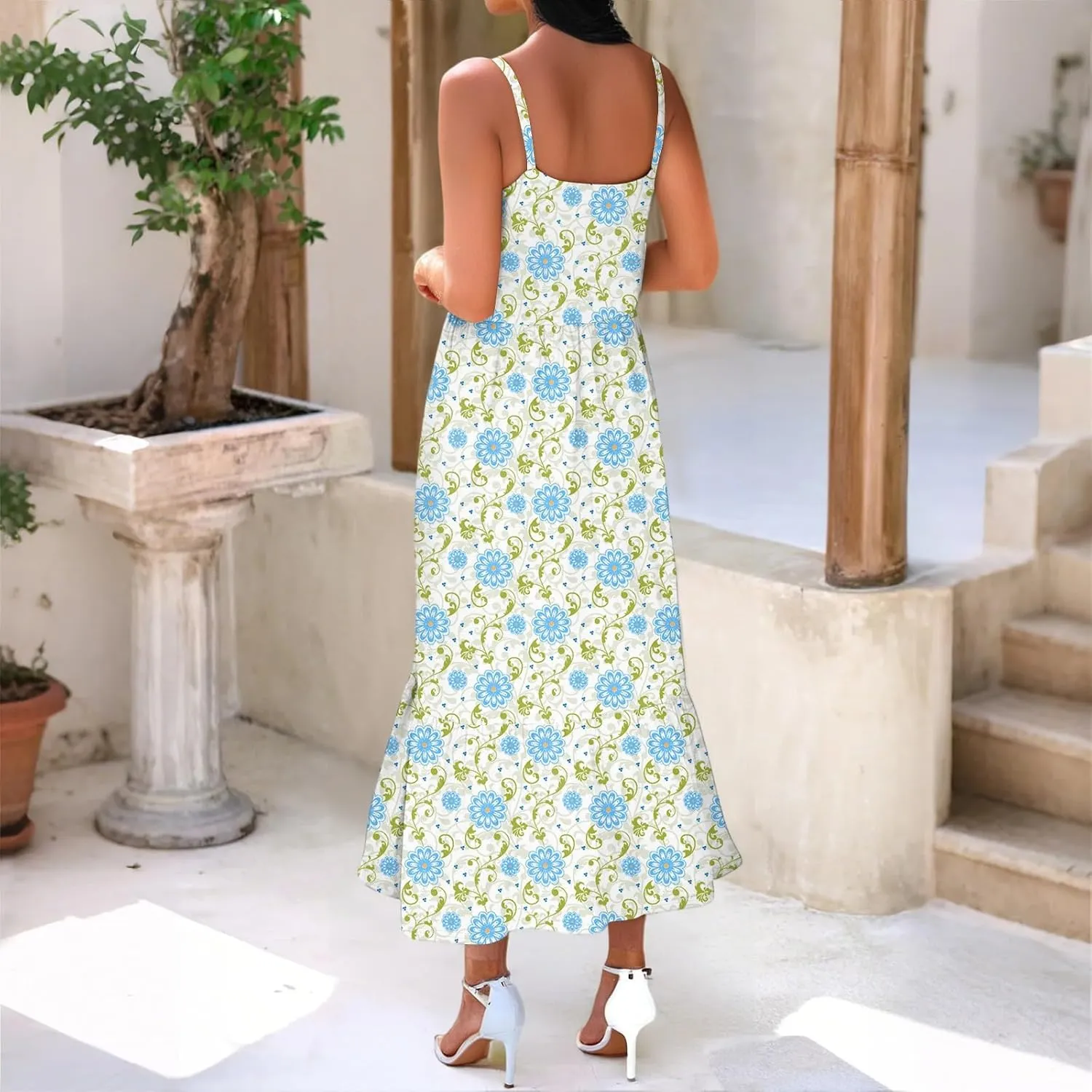 Women's Summer Dress 2025 Boho Midi Dresses Casual Floral Sleeveless Spaghetti Strap Square Neck Ruffle Long Beach Sundresses