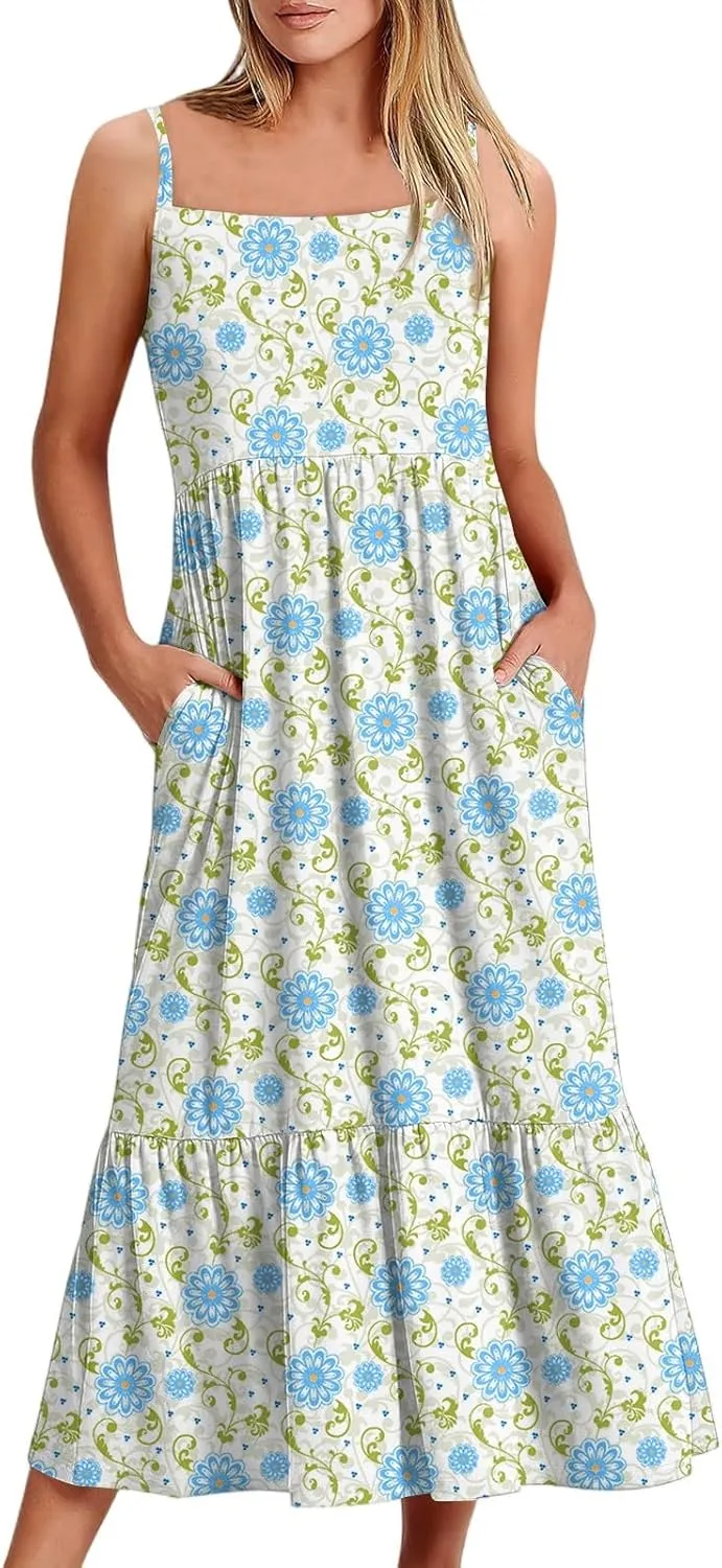 Women's Summer Dress 2025 Boho Midi Dresses Casual Floral Sleeveless Spaghetti Strap Square Neck Ruffle Long Beach Sundresses