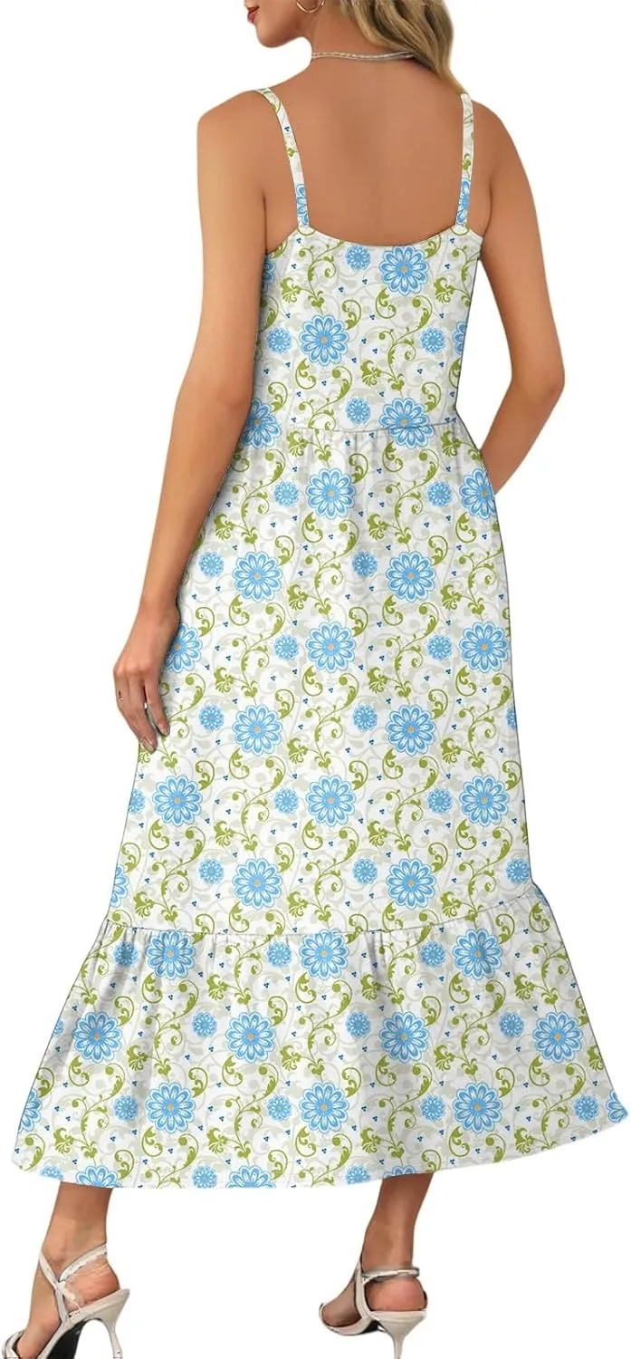 Women's Summer Dress 2025 Boho Midi Dresses Casual Floral Sleeveless Spaghetti Strap Square Neck Ruffle Long Beach Sundresses