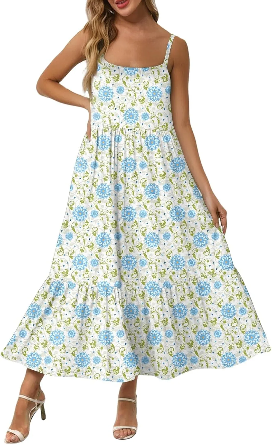 Women's Summer Dress 2025 Boho Midi Dresses Casual Floral Sleeveless Spaghetti Strap Square Neck Ruffle Long Beach Sundresses