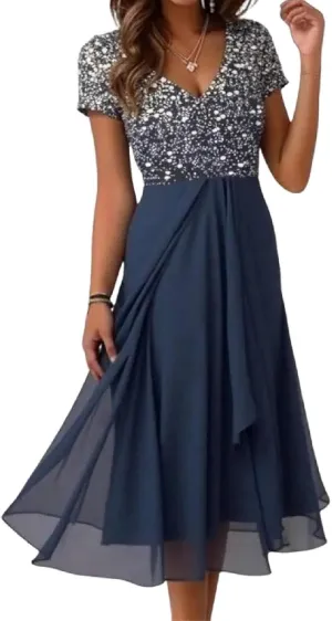 Women's Summer Dresses Glitter Print Deep V Neck Short Sleeve Tiered Hem Midi Dress A Line Casual Outfits Dress