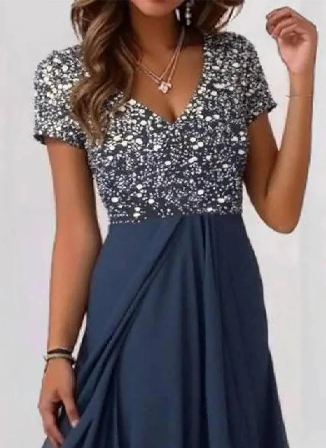 Women's Summer Dresses Glitter Print Deep V Neck Short Sleeve Tiered Hem Midi Dress A Line Casual Outfits Dress