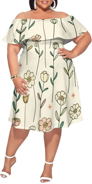 Women's Summer Fall Dresses 2024 Boho Floral Off Shoulder Wrap Layer Ruffle Short Sleeve Casual A-Line Mini Dress