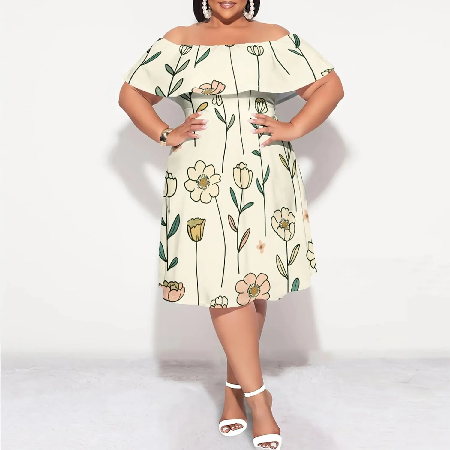 Women's Summer Fall Dresses 2024 Boho Floral Off Shoulder Wrap Layer Ruffle Short Sleeve Casual A-Line Mini Dress
