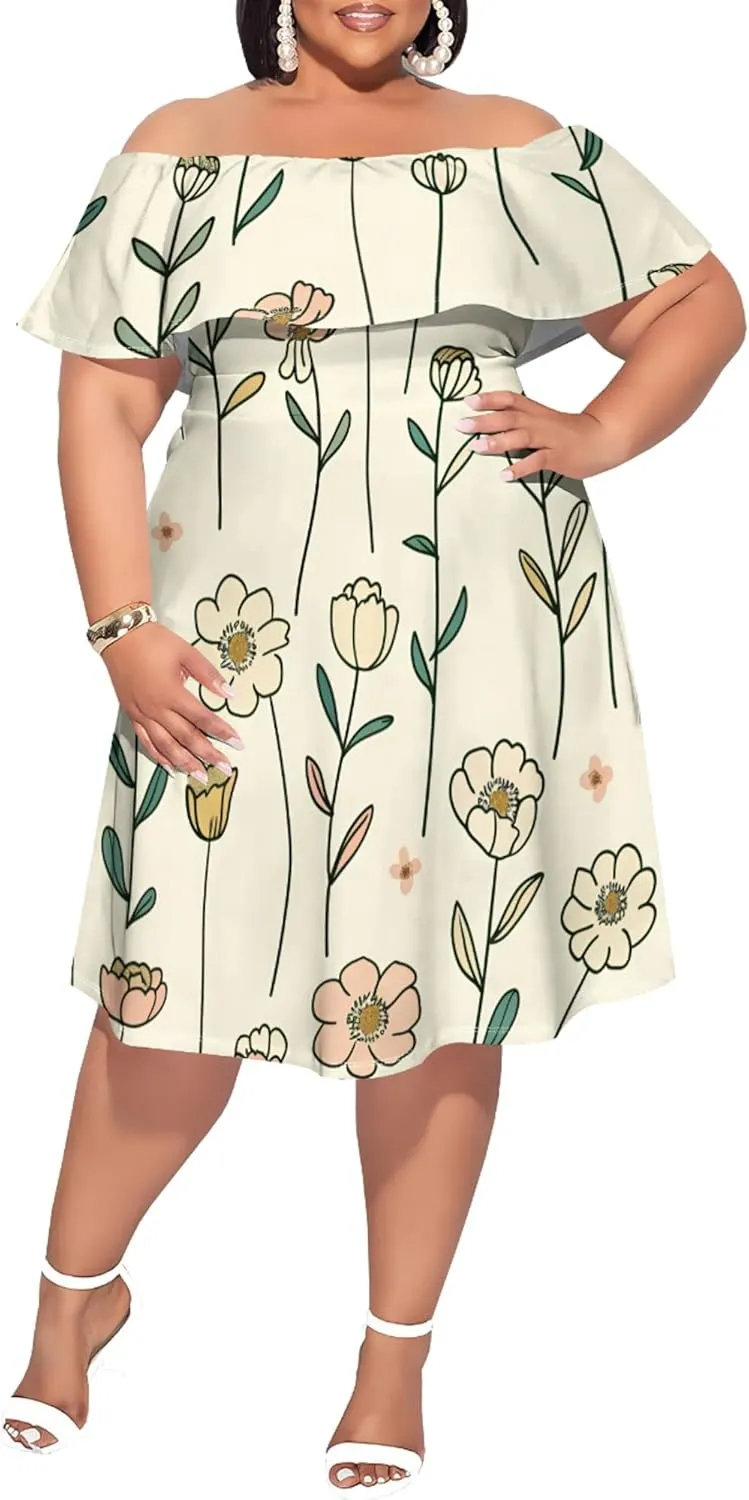 Women's Summer Fall Dresses 2024 Boho Floral Off Shoulder Wrap Layer Ruffle Short Sleeve Casual A-Line Mini Dress