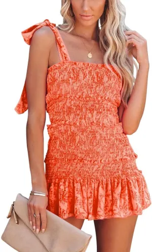 Women's Summer Floral Tie Straps Mini Dress Square Neck Ruffle Shirred Smocked Bodycon Dress