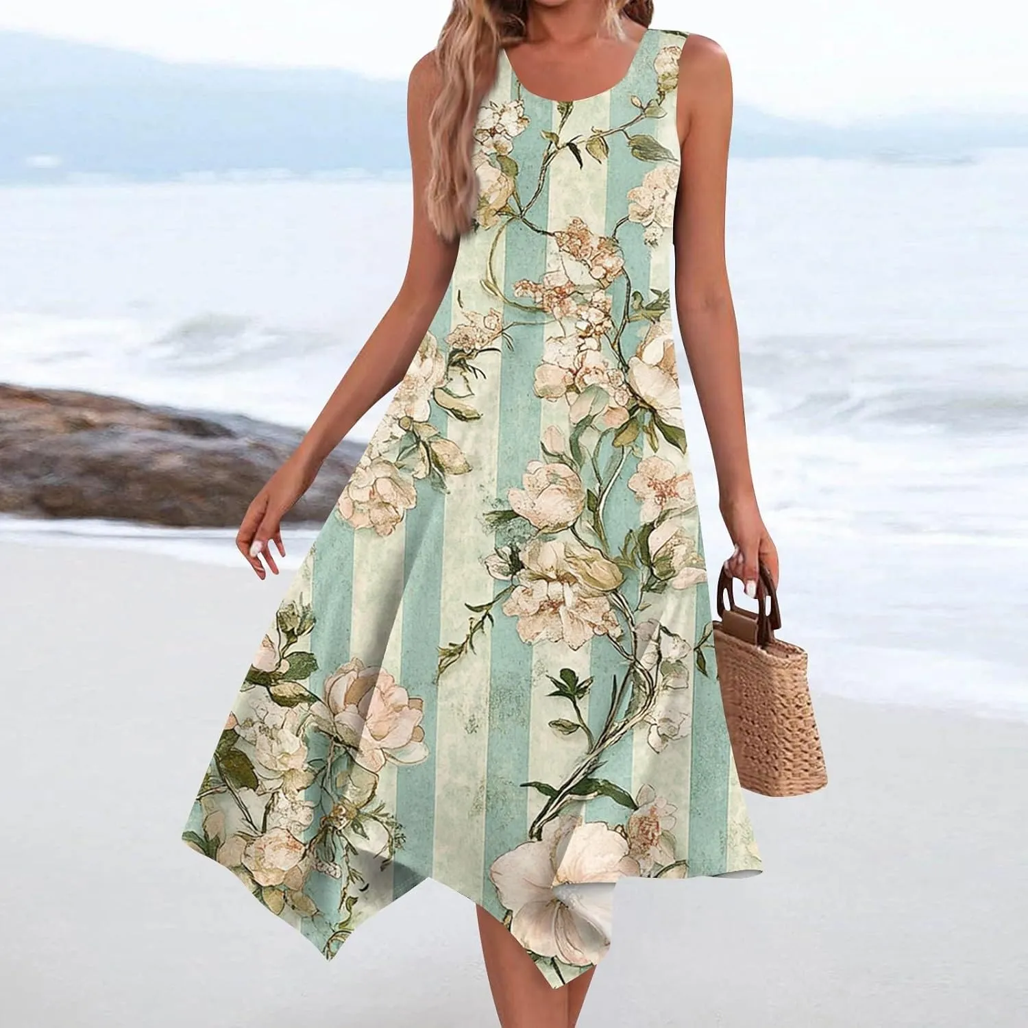 Womens Summer Maxi Dress Spaghetti Strap Casual Printed Dress Boho Floral Beach Sundress