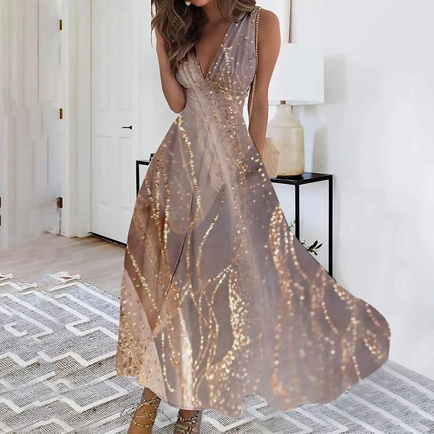 Women's Summer Maxi Dresses V Neck Sleeveless Boho Beach Swing Spring Dresses, S-3XL