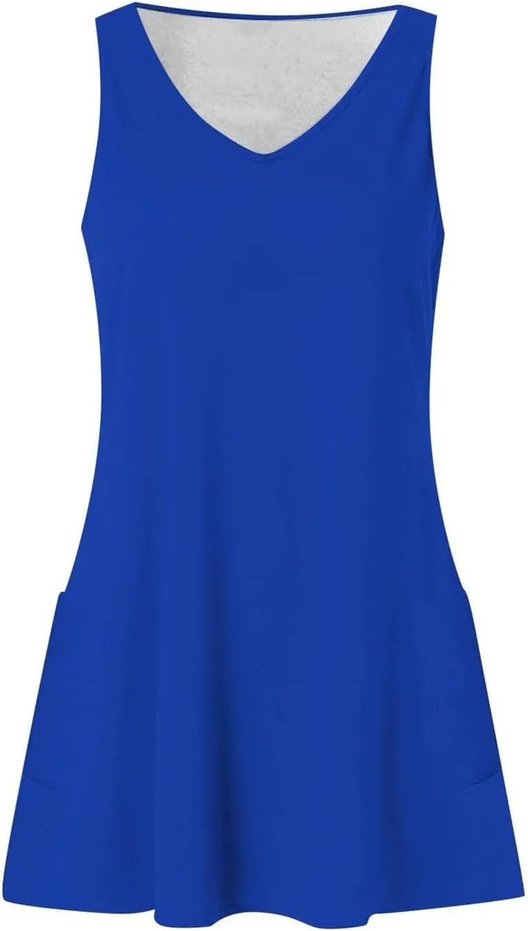 Womens Summer Mini Dress Sleeveless Loose V Neck Solid Tank Dress Casual Sleeveless Short Sundress with Pockets