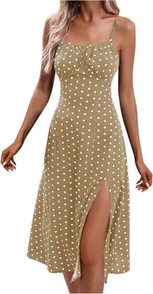 Women's Summer Split Thigh Spaghetti Strap Cami Midi Floral Dress Sleeveless Polka Dot Beach Slim Fit Sundresses
