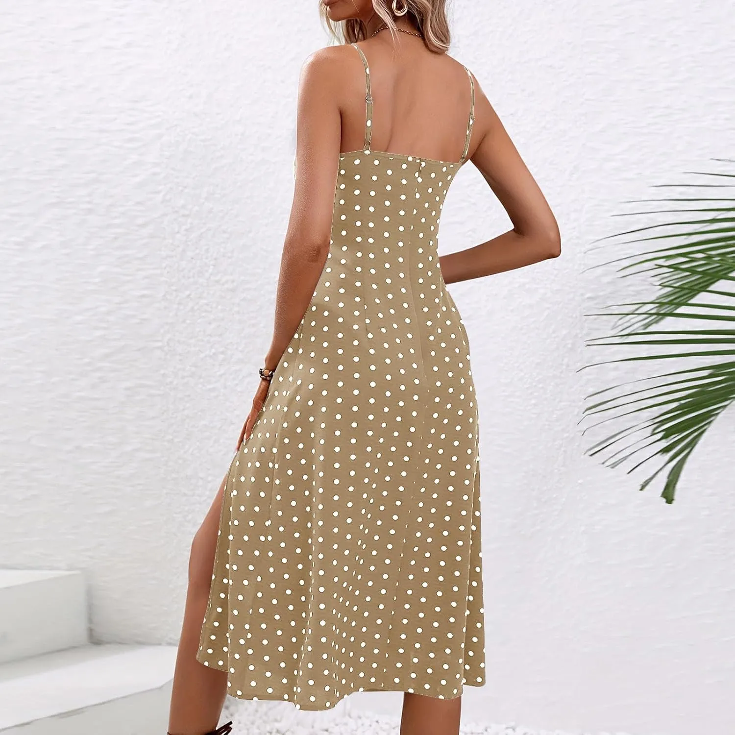 Women's Summer Split Thigh Spaghetti Strap Cami Midi Floral Dress Sleeveless Polka Dot Beach Slim Fit Sundresses