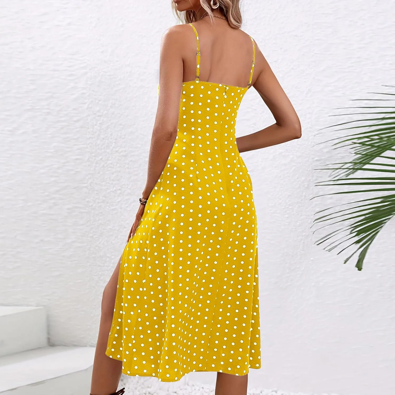Women's Summer Split Thigh Spaghetti Strap Cami Midi Floral Dress Sleeveless Polka Dot Beach Slim Fit Sundresses