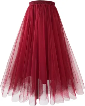 Womens Tulle Pleated Skirts Elastic High Waist Midi Length Tutu Skirts Prom Party Flowy Mesh A-Line Long Skirt