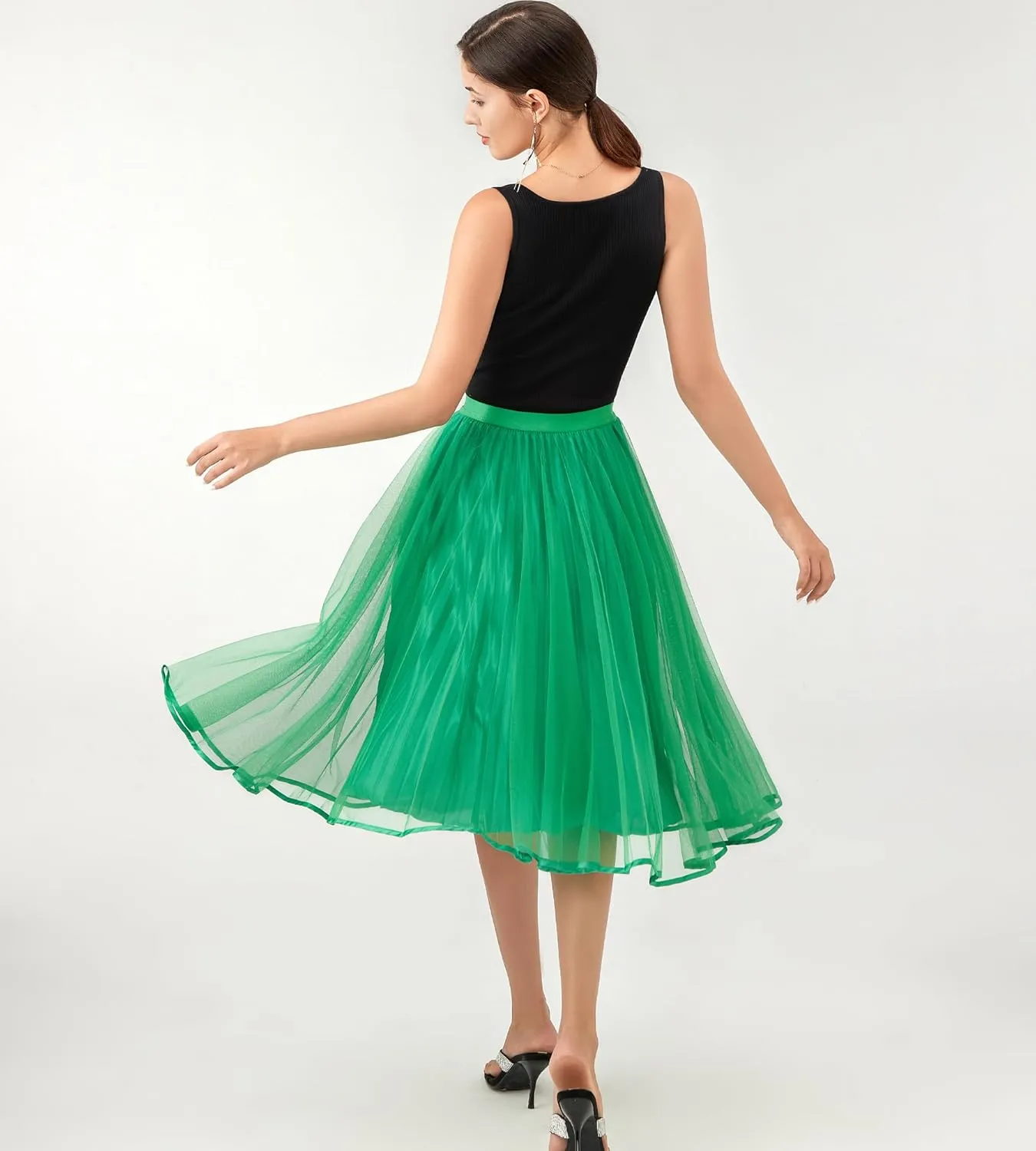 Women's Tulle Satin Pleated Midi Skirt Elastic Waist Knee Length Tutu Party Skirt