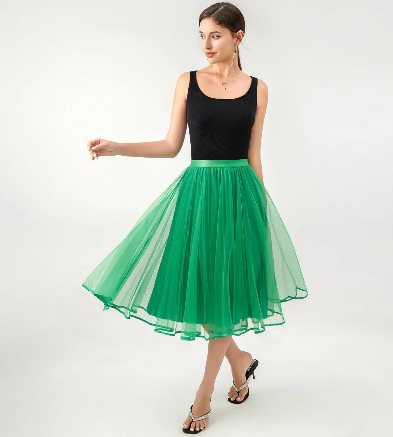 Women's Tulle Satin Pleated Midi Skirt Elastic Waist Knee Length Tutu Party Skirt