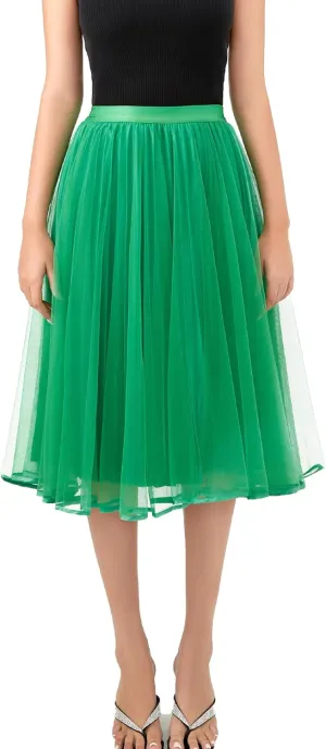 Women's Tulle Satin Pleated Midi Skirt Elastic Waist Knee Length Tutu Party Skirt