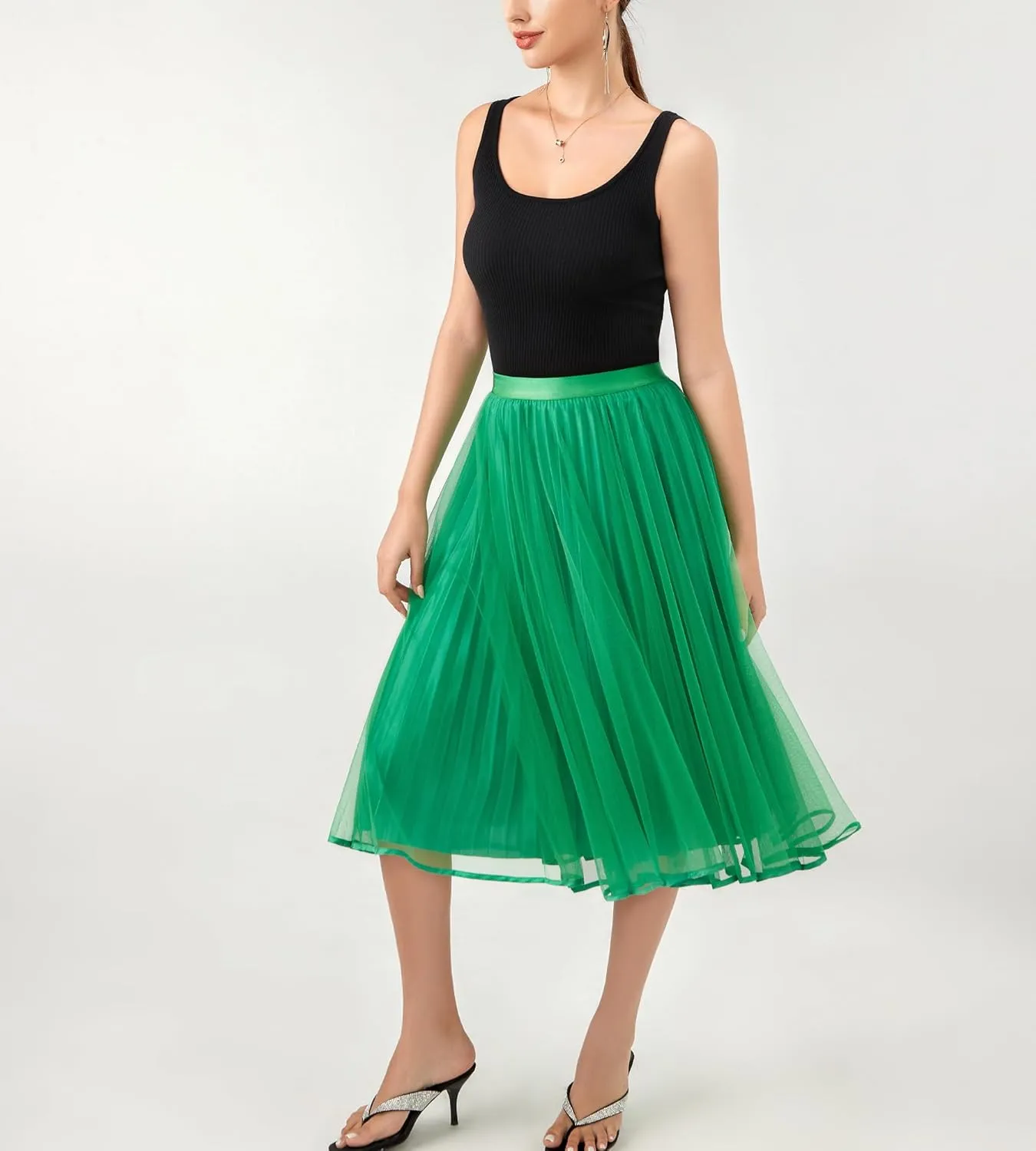 Women's Tulle Satin Pleated Midi Skirt Elastic Waist Knee Length Tutu Party Skirt