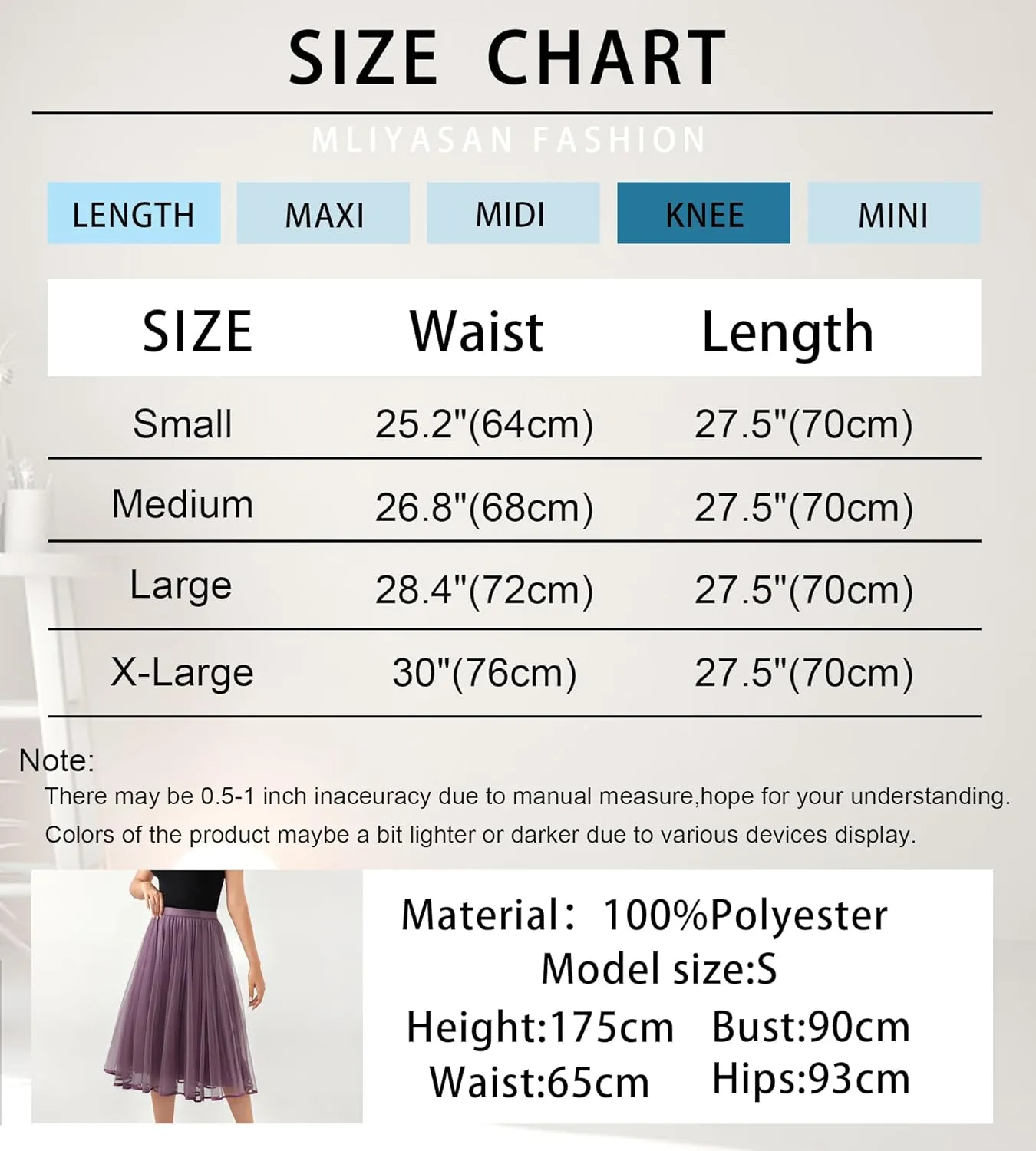 Women's Tulle Satin Pleated Midi Skirt Elastic Waist Knee Length Tutu Party Skirt