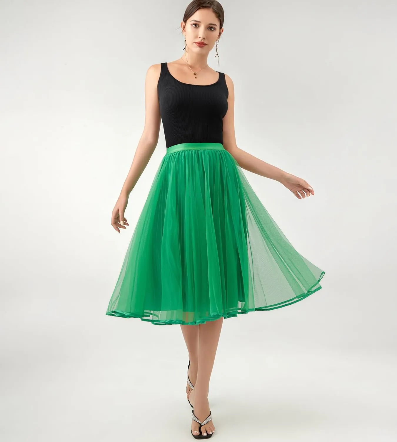 Women's Tulle Satin Pleated Midi Skirt Elastic Waist Knee Length Tutu Party Skirt
