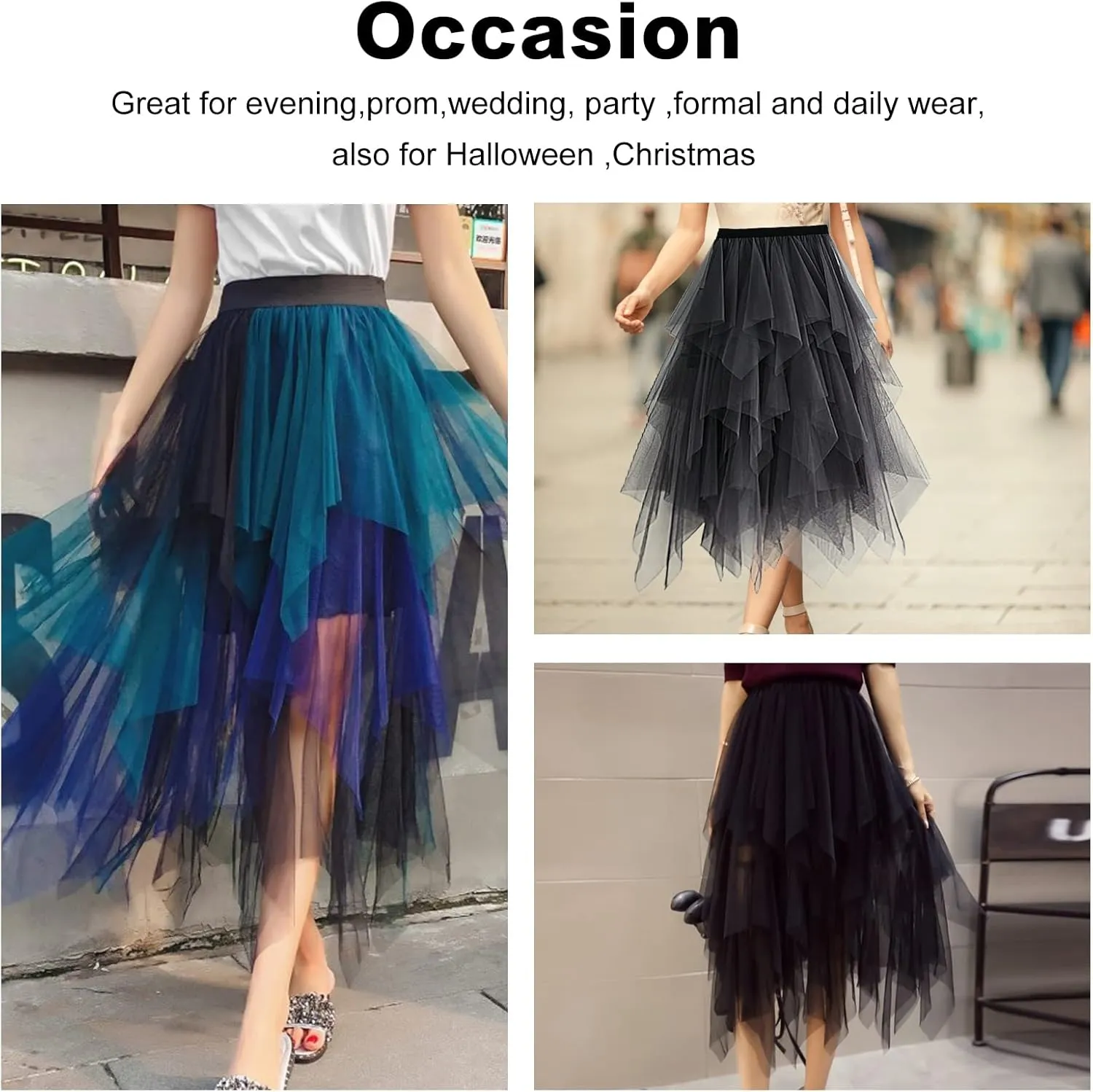 Women's Tulle Skirt A-Line High Low Asymmetrical 3 Layered Midi Length Elastic Waist Tutu Skirts
