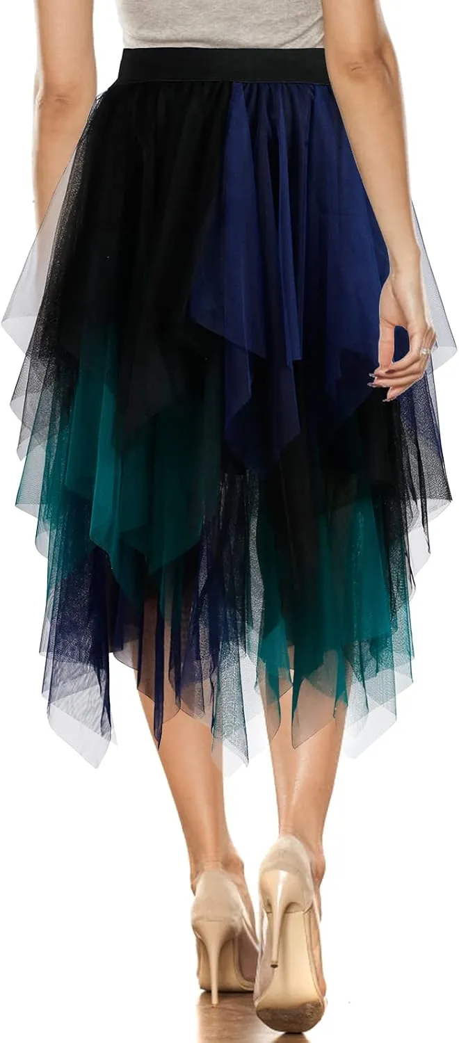 Women's Tulle Skirt A-Line High Low Asymmetrical 3 Layered Midi Length Elastic Waist Tutu Skirts