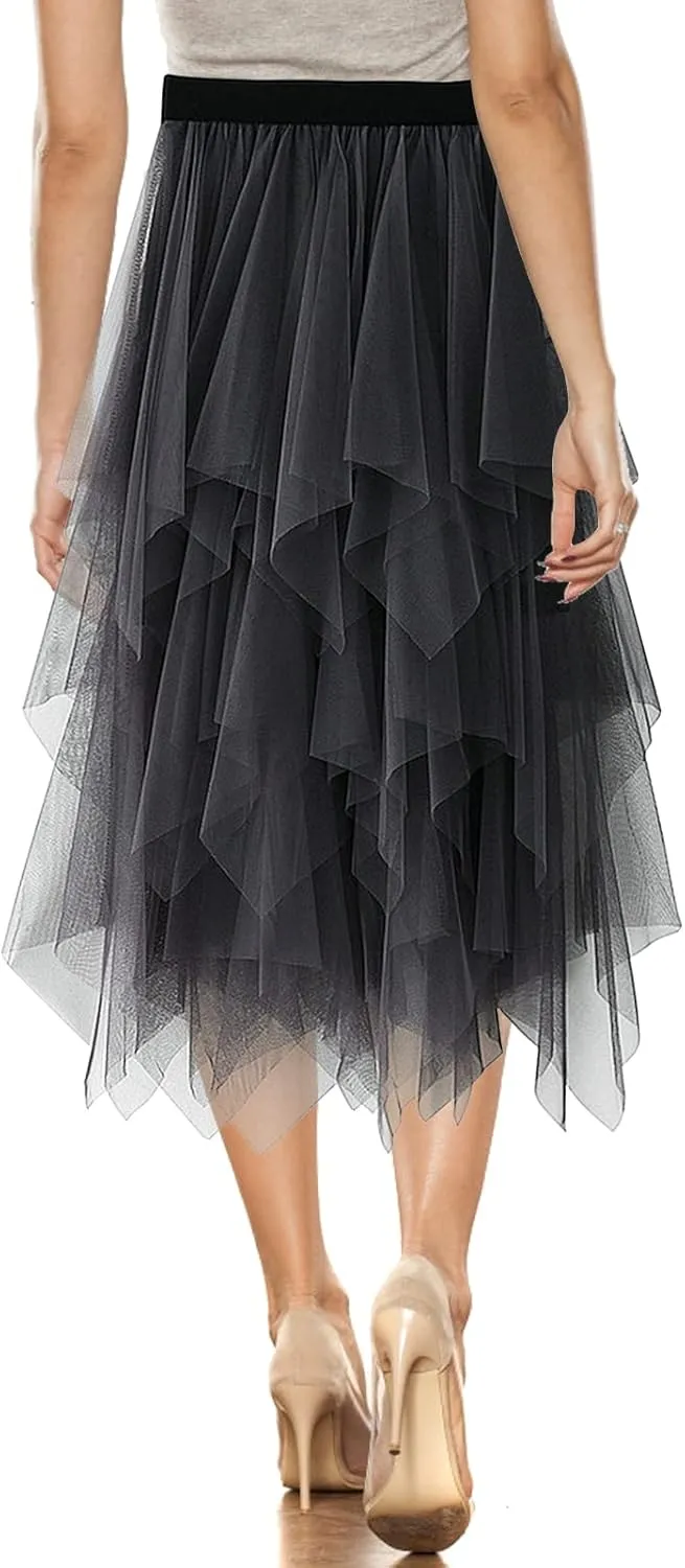 Women's Tulle Skirt A-Line High Low Asymmetrical 3 Layered Midi Length Elastic Waist Tutu Skirts