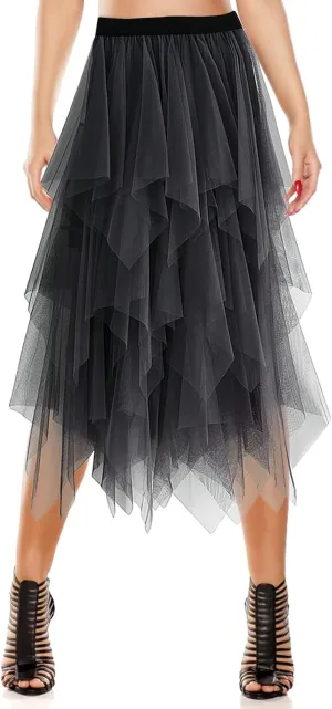 Women's Tulle Skirt A-Line High Low Asymmetrical 3 Layered Midi Length Elastic Waist Tutu Skirts