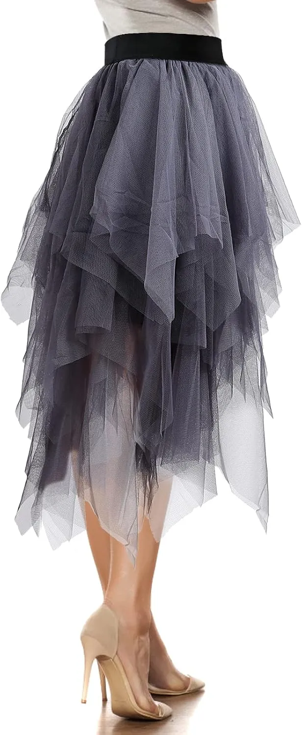 Women's Tulle Skirt A-Line High Low Asymmetrical 3 Layered Midi Length Elastic Waist Tutu Skirts