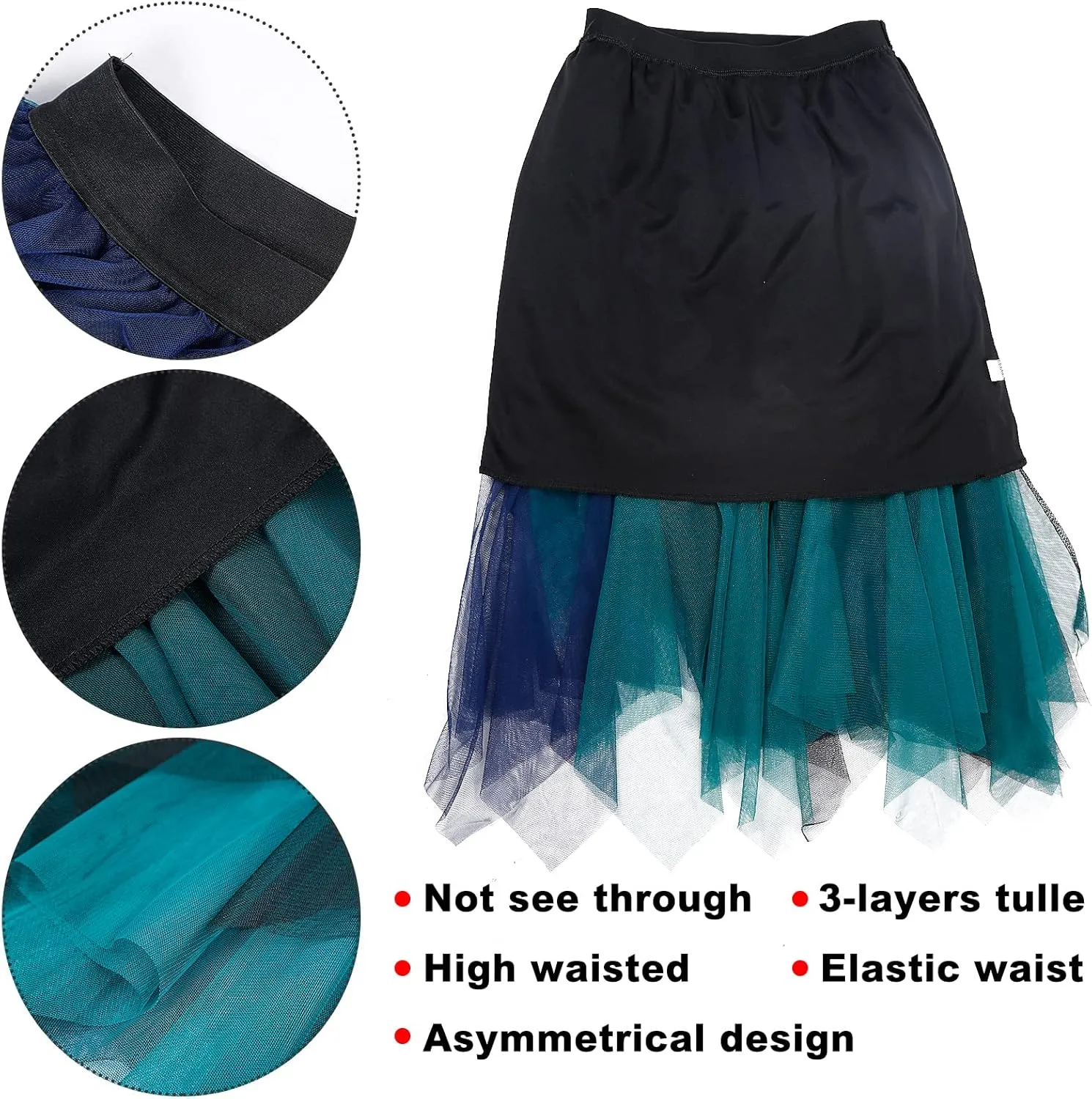 Women's Tulle Skirt A-Line High Low Asymmetrical 3 Layered Midi Length Elastic Waist Tutu Skirts