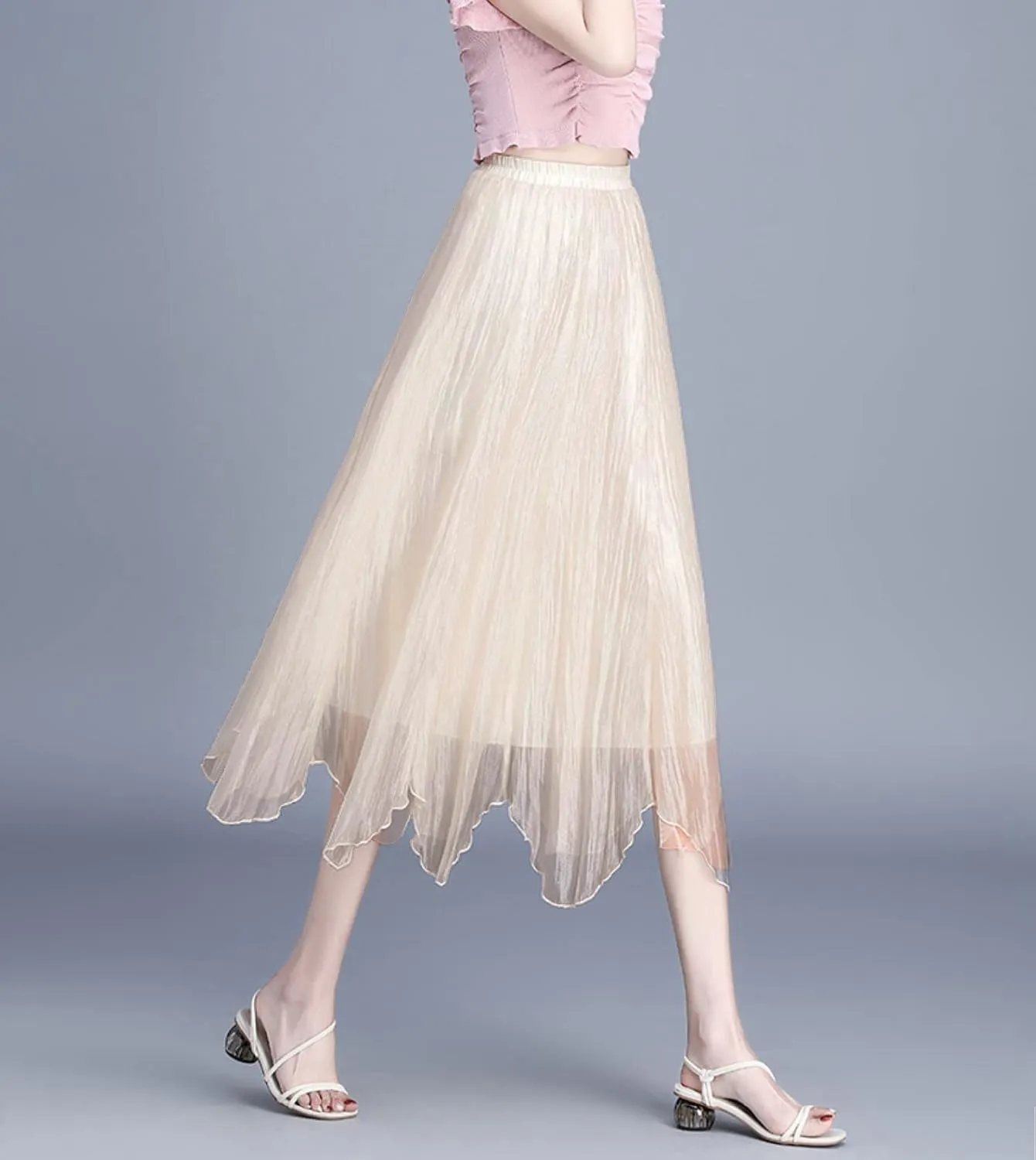 Womens Tulle Skirt Elastic High Waist Pleated A-line Fairy Skirt Layered Mesh Flowy Tutu Skirts