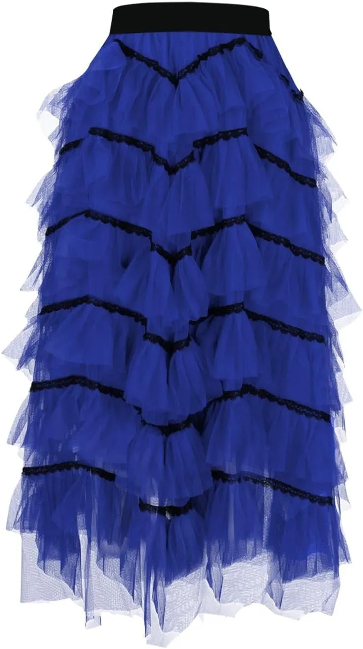 Women's Tulle Skirts Maxi Elastic Waist Cake Layered Ruffles Mesh Long Tiered Skirt Flowy A-Line Party Tutu Skirts