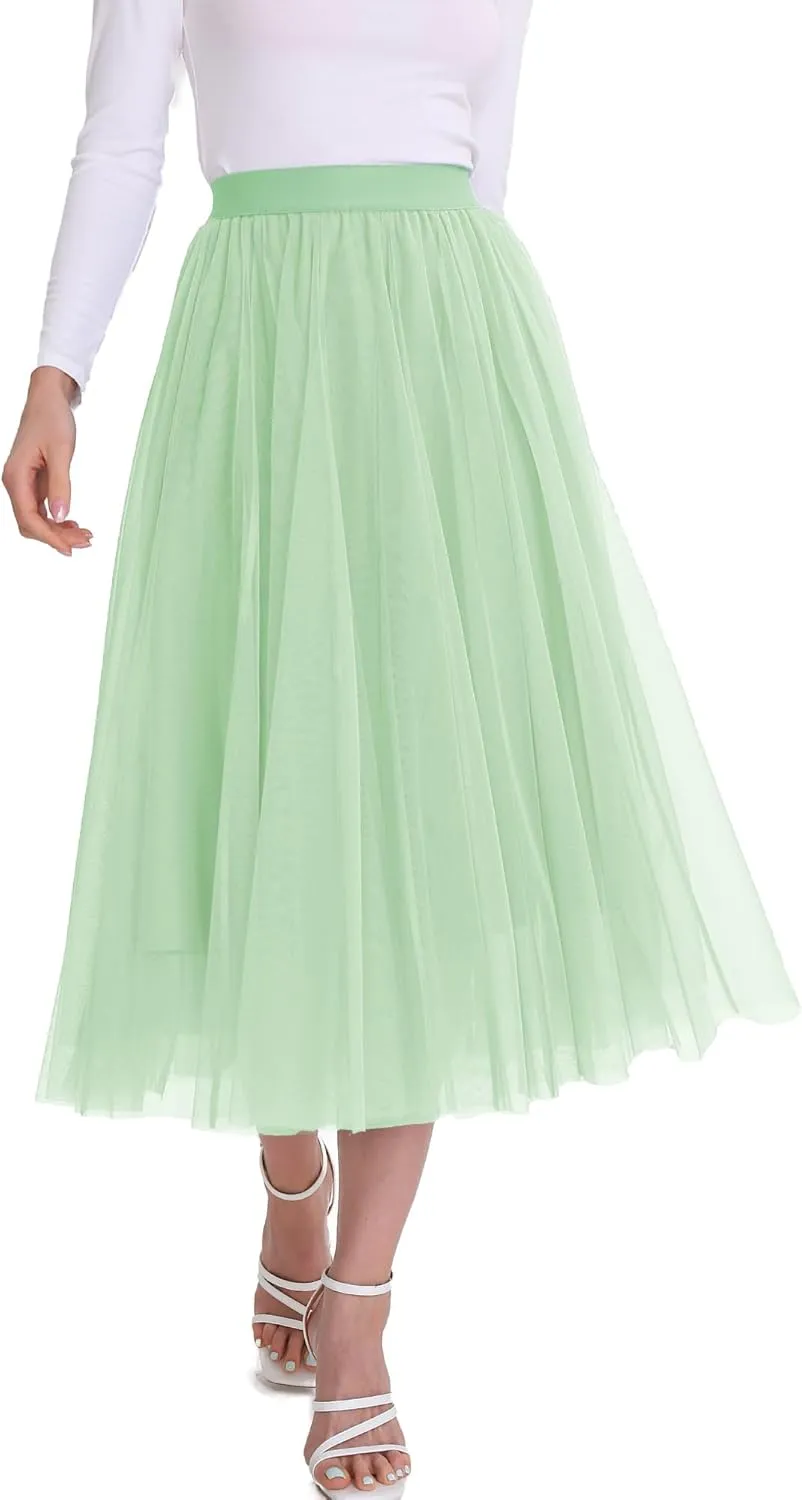 Womens Tulle Skirts Midi Elastic High Waist Pleated Mesh Flowy A-Line Party Long Tutu Skirts