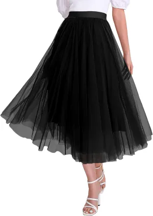 Womens Tulle Skirts Midi Elastic High Waist Pleated Mesh Flowy A-Line Party Long Tutu Skirts