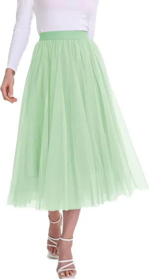 Womens Tulle Skirts Midi Elastic High Waist Pleated Mesh Flowy A-Line Party Long Tutu Skirts