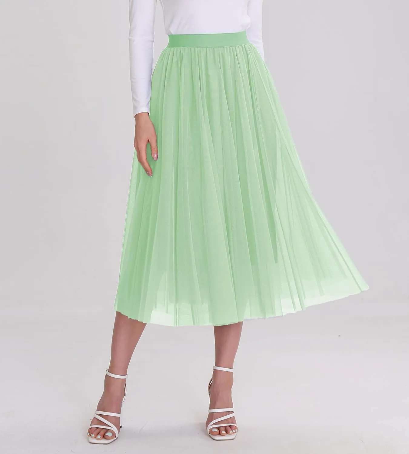 Womens Tulle Skirts Midi Elastic High Waist Pleated Mesh Flowy A-Line Party Long Tutu Skirts