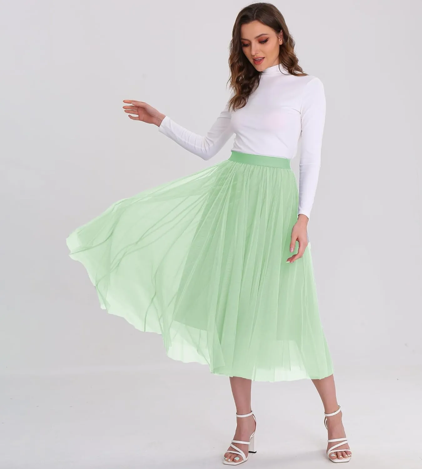 Womens Tulle Skirts Midi Elastic High Waist Pleated Mesh Flowy A-Line Party Long Tutu Skirts