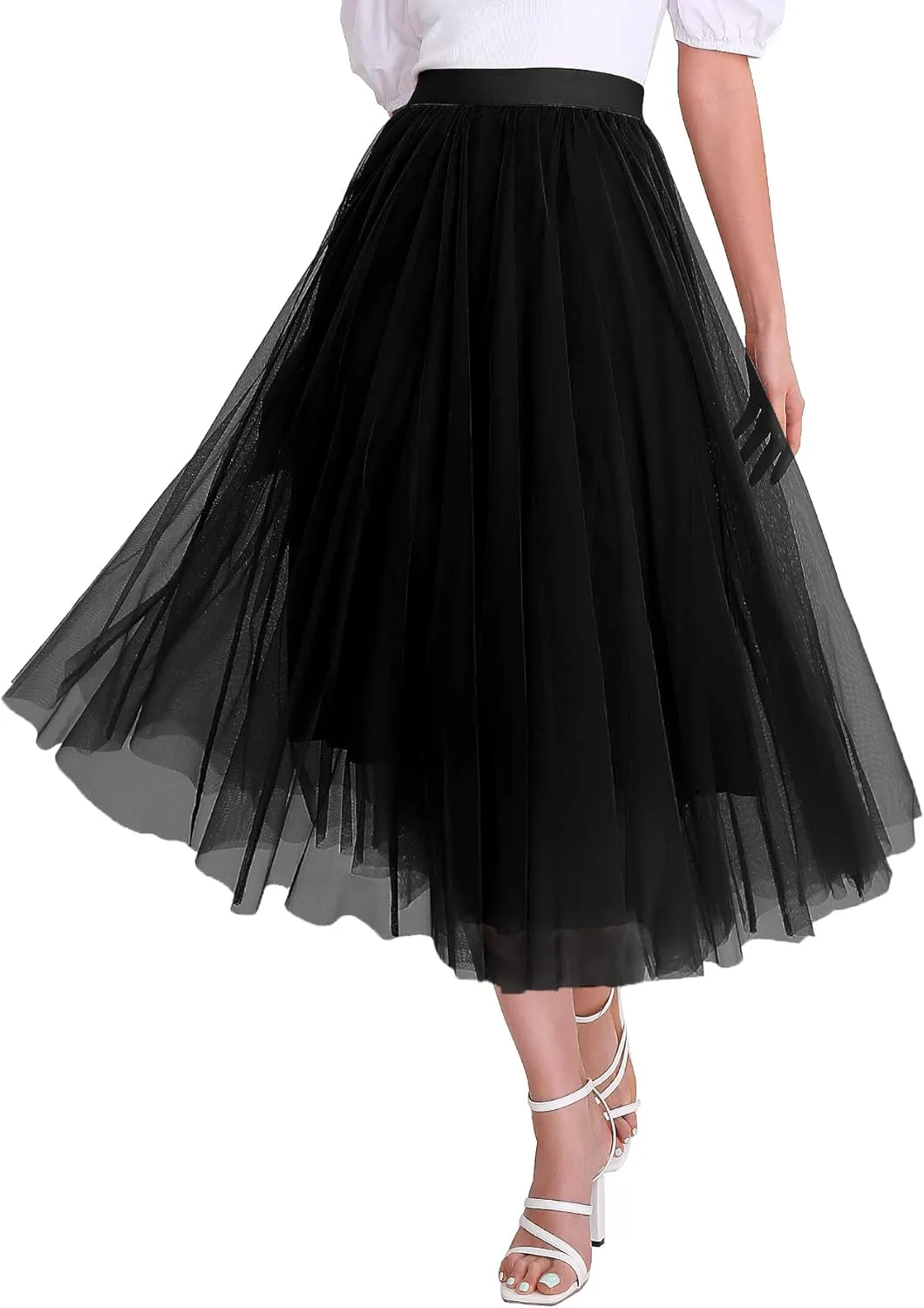 Womens Tulle Skirts Midi Elastic High Waist Pleated Mesh Flowy A-Line Party Long Tutu Skirts