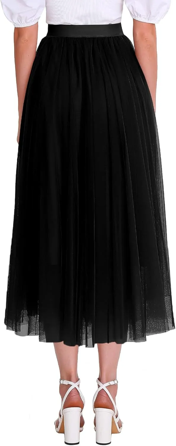 Womens Tulle Skirts Midi Elastic High Waist Pleated Mesh Flowy A-Line Party Long Tutu Skirts
