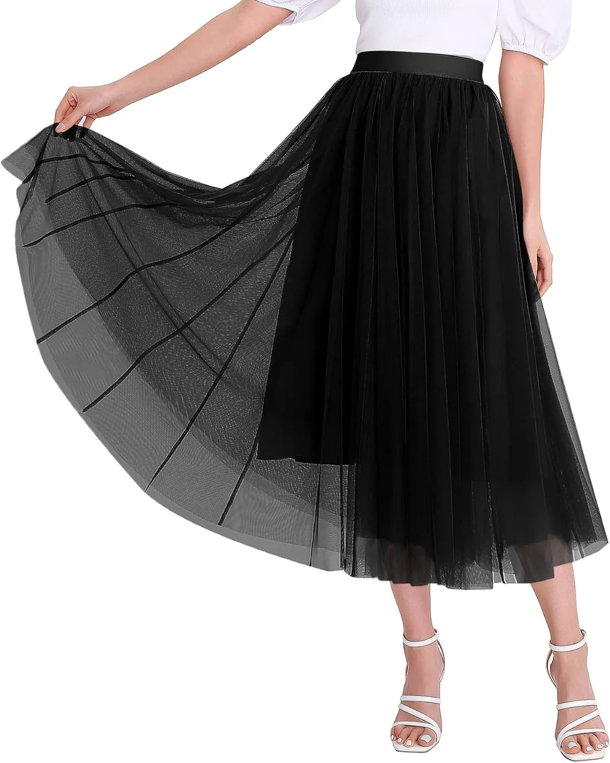 Womens Tulle Skirts Midi Elastic High Waist Pleated Mesh Flowy A-Line Party Long Tutu Skirts