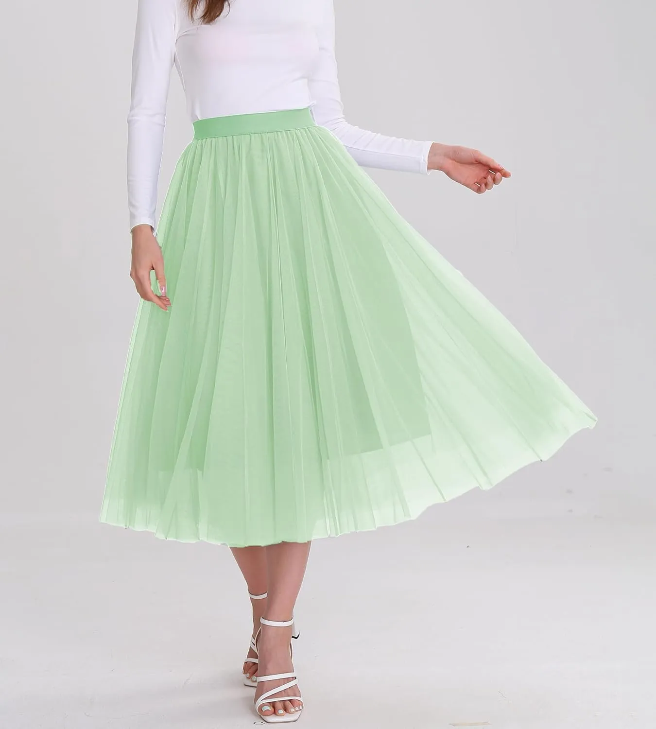 Womens Tulle Skirts Midi Elastic High Waist Pleated Mesh Flowy A-Line Party Long Tutu Skirts