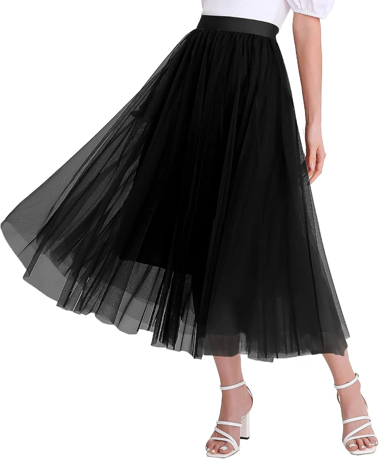 Womens Tulle Skirts Midi Elastic High Waist Pleated Mesh Flowy A-Line Party Long Tutu Skirts