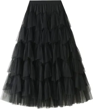 Women's Tulle Tutu Skirts Tiered Skirt Petticoat Elasticated Waist Pleated A Line Ruffles Skirts