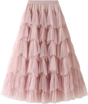 Women's Tulle Tutu Skirts Tiered Skirt Petticoat Elasticated Waist Pleated A Line Ruffles Skirts